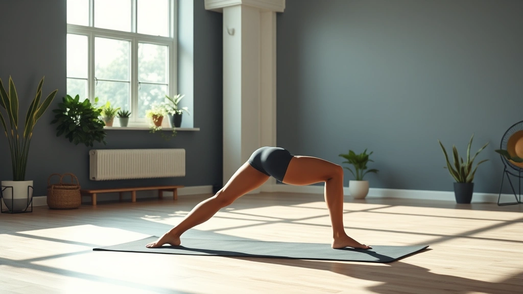 Fit person stretching or performing mobility work in modern home gym, flexibility and functional movement, bright natural light, active lifestyle visualization