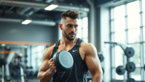 Athletic man in gym lifting heavy dumbbell, focused expression, professional athletic wear, bright modern gym setting, motivational atmosphere