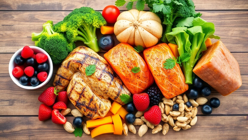 Colorful array of fresh whole foods on wooden table: grilled chicken breast, salmon fillet, broccoli, sweet potato, berries, nuts, healthy meal preparation