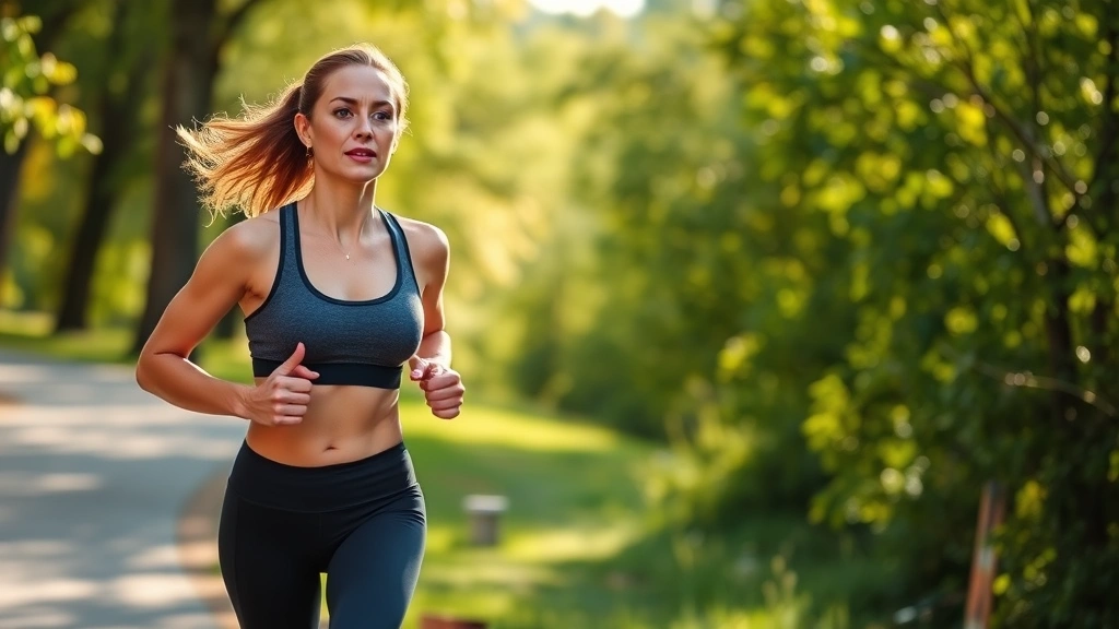 Woman jogging outdoors on scenic park trail, morning sunlight, athletic fitness wear, determined expression, lush green natural background, active lifestyle