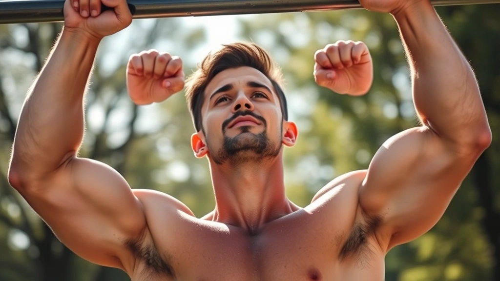 Athletic fit man doing pull-ups outdoors on a sunny morning, muscular arms engaged, intense focused expression, natural lighting, fitness dedication