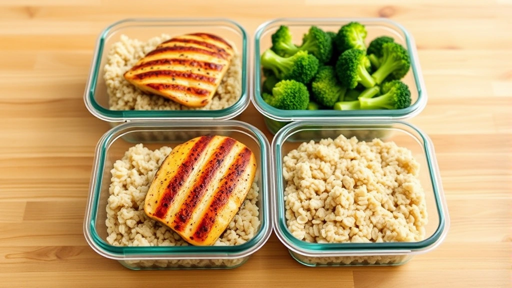 Healthy meal prep containers with grilled chicken breast, brown rice, and steamed broccoli, arranged on wooden counter, natural daylight, clean nutrition