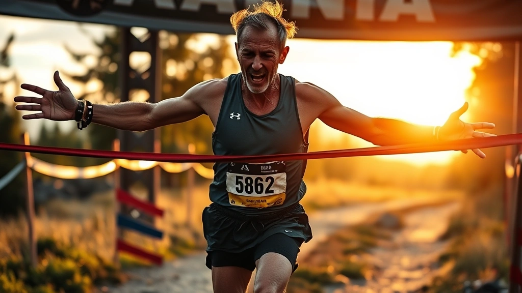 Exhausted but determined runner crossing finish line of trail race, sunrise in background, sweat-soaked athletic wear, triumphant expression, outdoor wilderness setting