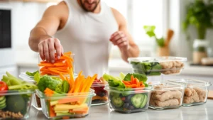 A fit person meal prepping colorful vegetables and lean proteins in glass containers in a bright, modern kitchen, showing sustainable healthy eating habits