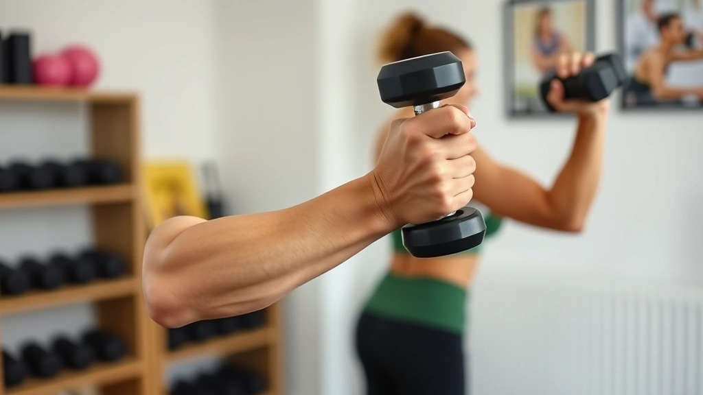 A person doing resistance training with dumbbells in a home gym setting, showing strength training as part of sustainable weight management