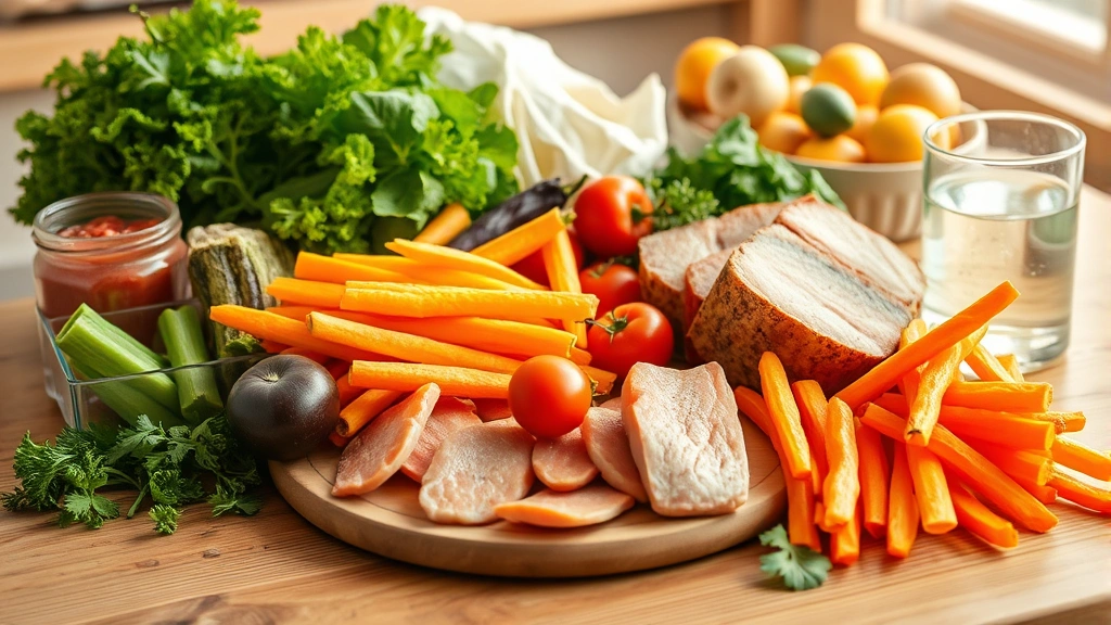 Colorful fresh vegetables and lean proteins arranged on wooden table with water glass, bright natural kitchen setting, vibrant healthy food options