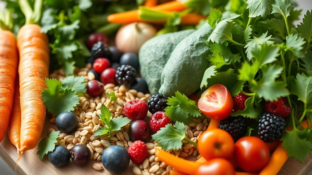 Close-up of colorful fresh vegetables and fruits on a wooden cutting board including carrots, leafy greens, berries, and whole grains, bright natural lighting, healthy food preparation setting