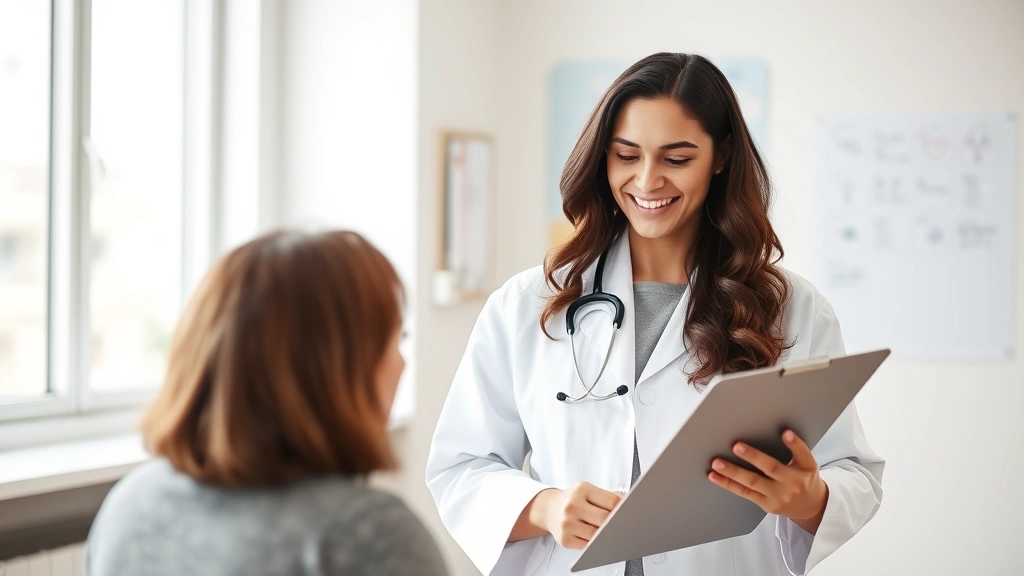 Professional female doctor in white coat holding clipboard, discussing medical options with patient in bright clinic office, warm compassionate expression, natural lighting
