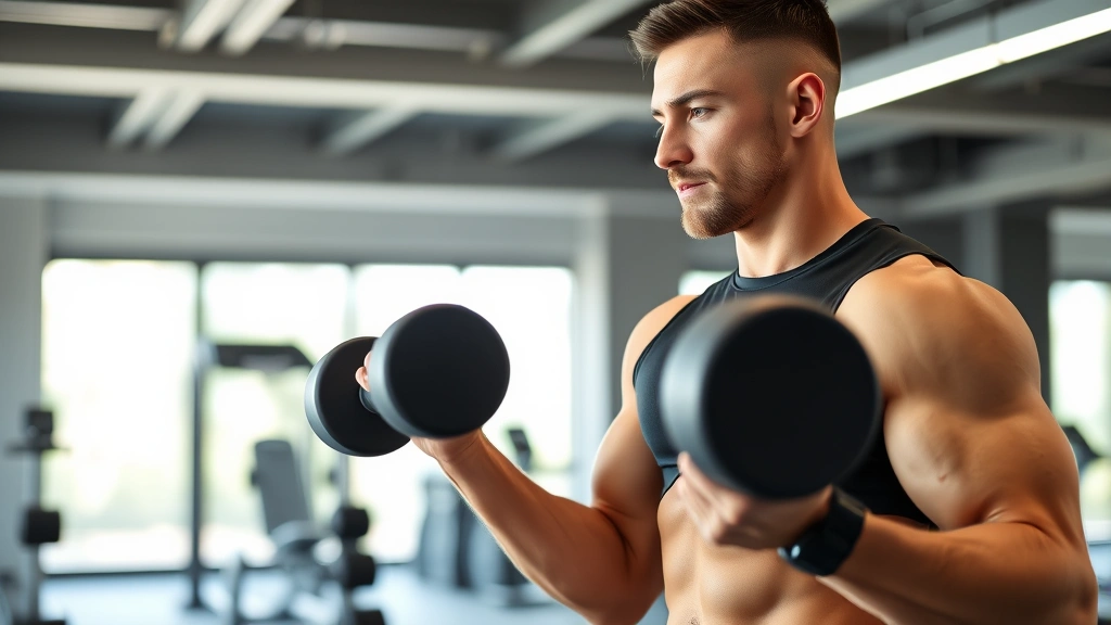 Fit person doing resistance training with dumbbells in modern gym, focused expression, proper form demonstrated, bright contemporary fitness facility