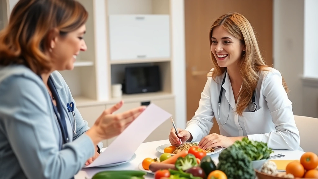 Registered dietitian nutritionist consulting with patient over healthy meal plan, vegetables and whole foods visible on table, professional healthcare setting, positive interaction