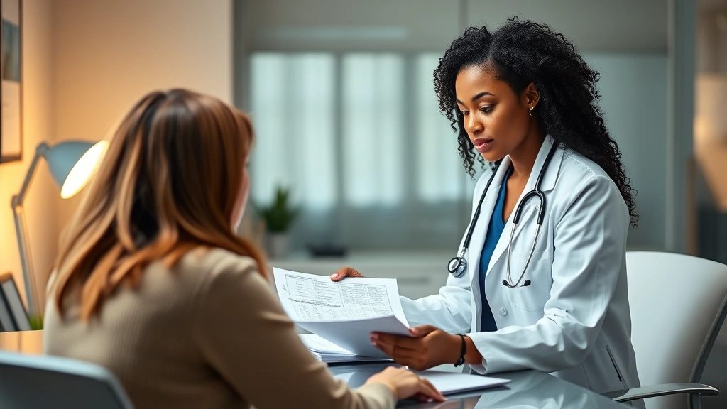 Professional medical consultation room with diverse female doctor in white coat reviewing patient health chart at desk, warm lighting, stethoscope visible, supportive healthcare environment