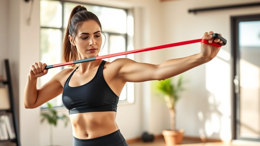 Fit woman in athletic wear exercising with resistance band in bright home gym, natural sunlight, healthy lifestyle, strength training, focused and determined expression