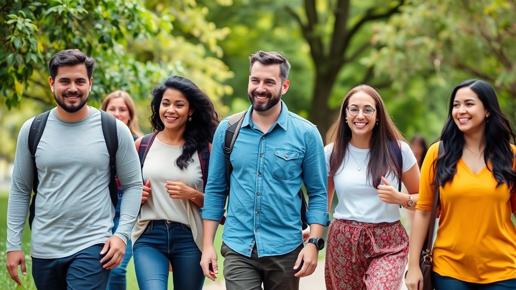 Diverse group of people in casual clothing enjoying outdoor walk in park, smiling, natural greenery background, community wellness, active lifestyle, supportive environment