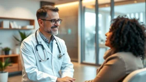 Professional healthcare provider in white coat consulting with patient in modern medical office, warm lighting, both smiling, wellness atmosphere, high resolution