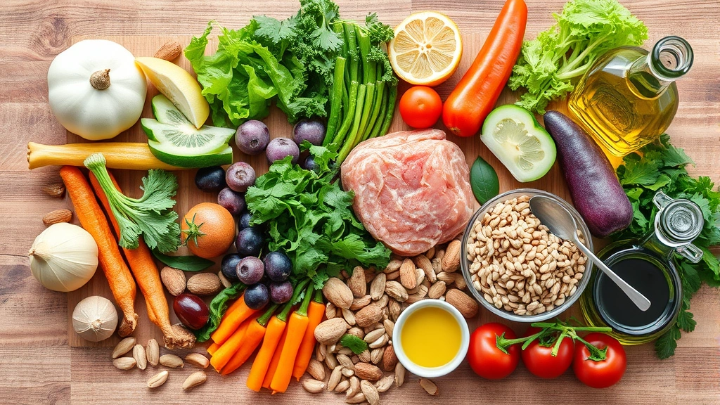 Vibrant colorful assortment of fresh vegetables, lean proteins, whole grains, nuts, and olive oil arranged on natural wood surface, bright natural lighting, appetizing presentation