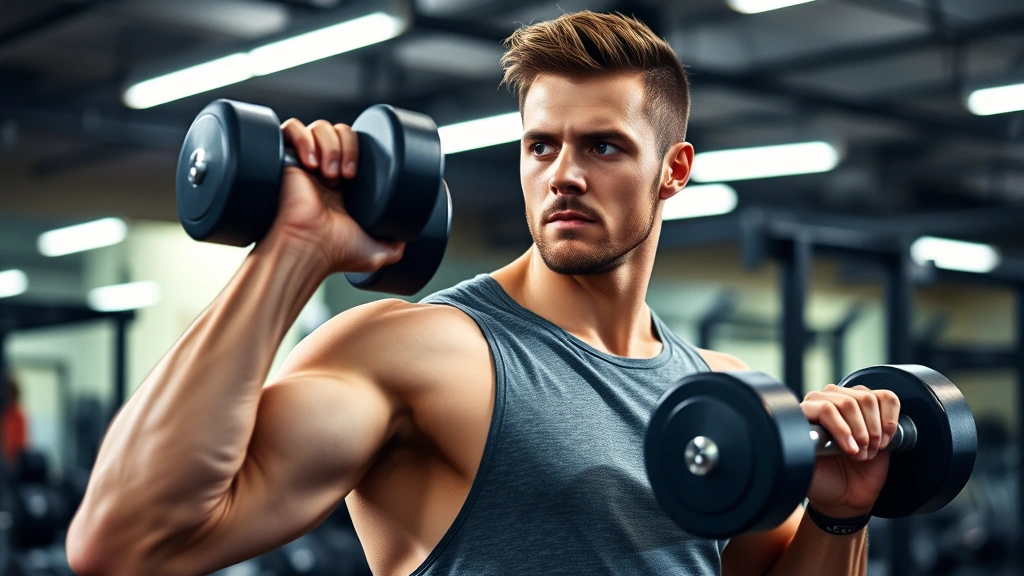 Person performing strength training with dumbbells in well-lit gym, focused expression, proper form, muscular build, professional photography, motivational energy