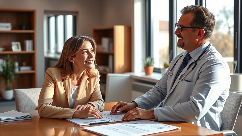 A professional woman meeting with a male physician in a modern medical office, discussing health concerns over a desk with medical charts, natural lighting from windows, warm and professional setting, both wearing business casual attire