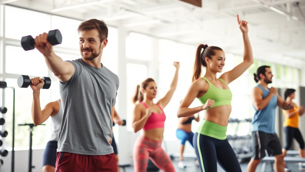 A diverse group of people doing resistance training exercises in a bright, modern gym setting - one doing dumbbell exercises, another on resistance bands, another doing bodyweight exercises, bright natural light, motivational and healthy atmosphere