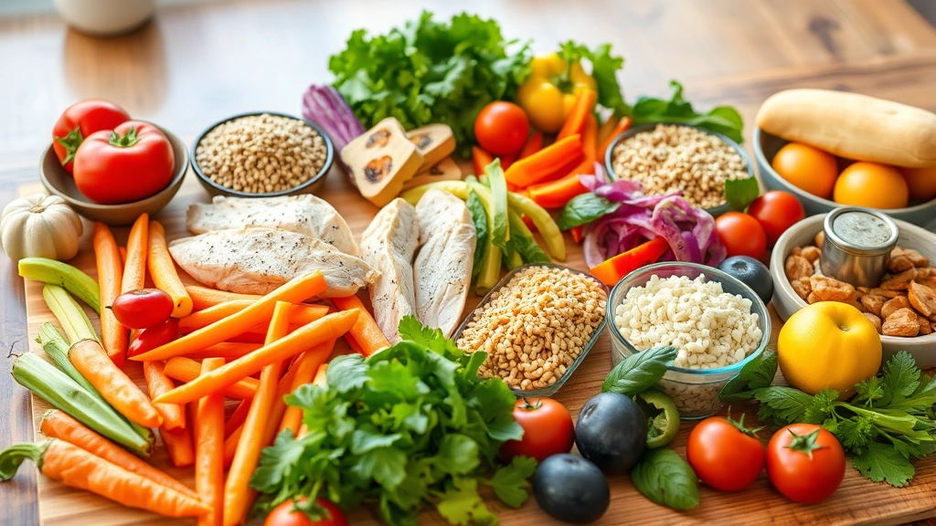 A colorful spread of fresh, whole foods including lean proteins like chicken and fish, vibrant vegetables, whole grains, and fresh fruits arranged on a wooden table, natural daylight, appetizing and nutritious presentation