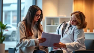 Professional healthcare provider in white coat reviewing medical documents and insurance paperwork with patient in modern clinic office setting, warm lighting, focused expression showing consultation about medication coverage