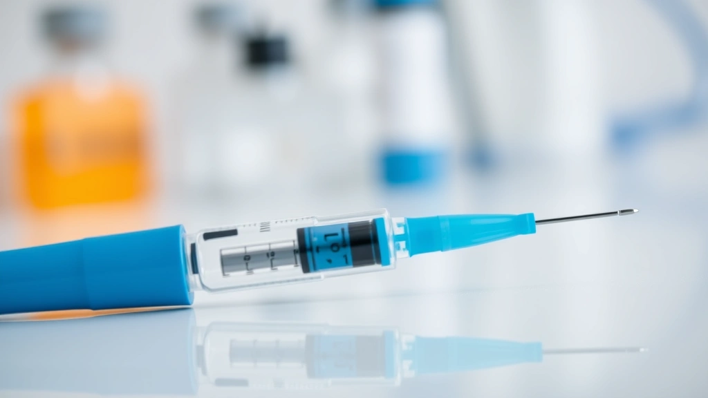 Close-up of medication pen injection device with syringe needle, blue and white colors, sitting on clean medical surface with blurred healthcare background, professional pharmaceutical imagery