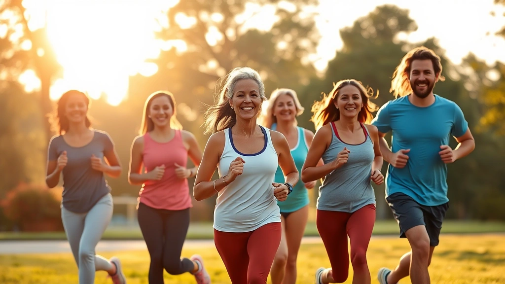 Diverse group of people jogging together in park during golden hour, smiling and active, showing sustainable lifestyle and exercise habits alongside medical weight loss approach