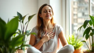 Woman sitting peacefully in sunlit room with plants, hands on chest, calm expression, natural window light, wellness environment, no text visible
