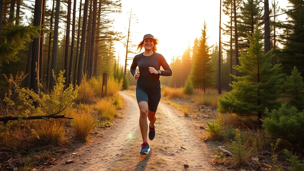 Person jogging on forest trail at sunrise, athletic wear, positive energy, natural outdoor setting, peaceful expression, health-focused, no numbers or text