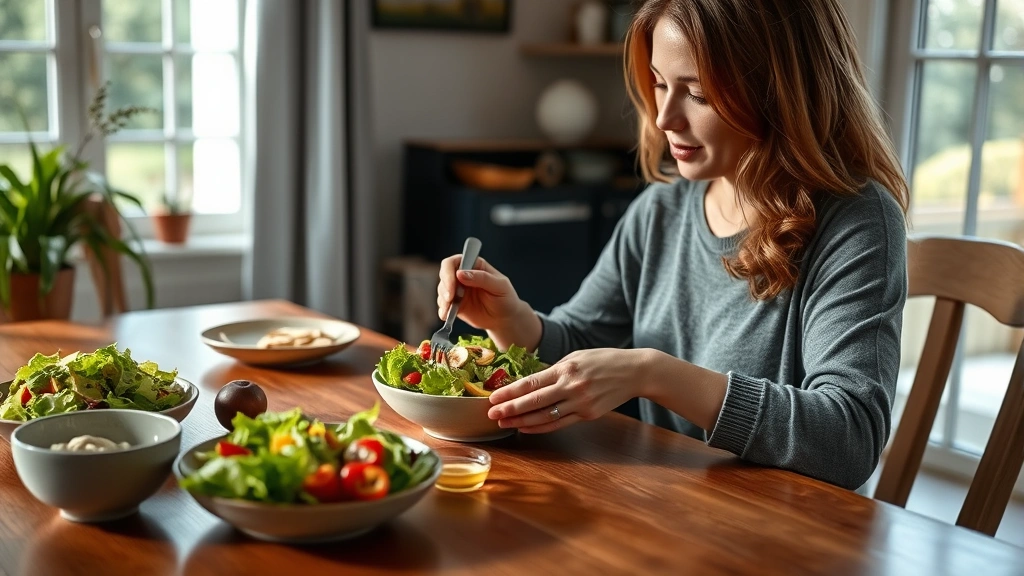 Woman eating healthy salad at wooden table, natural lighting, peaceful home setting, nutritious meal, calm atmosphere, no recipe cards or measurements visible