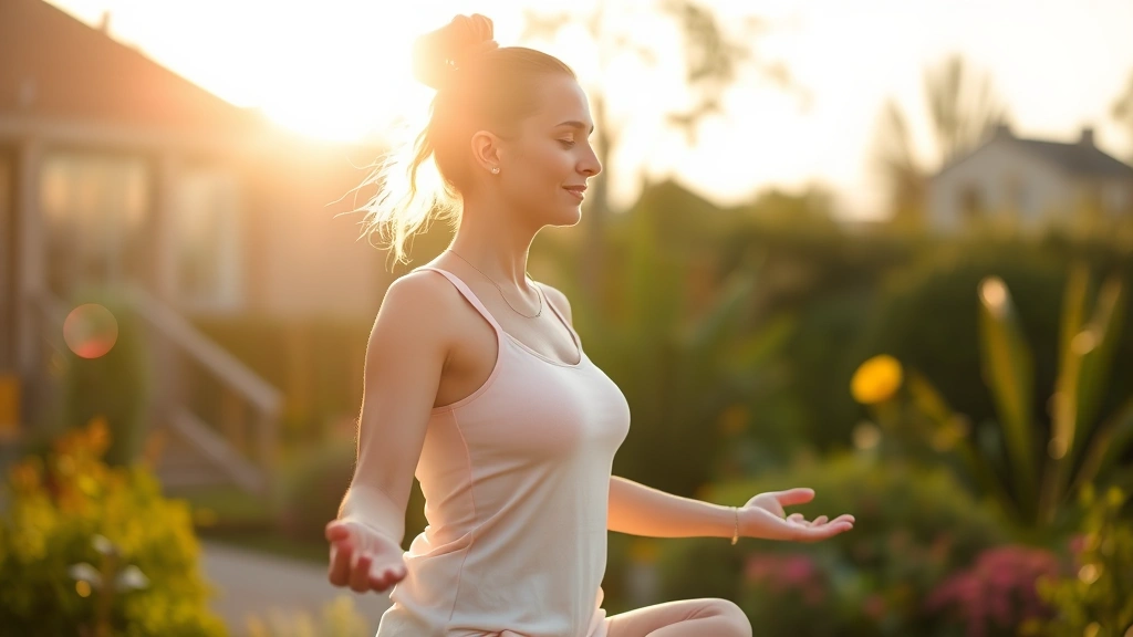 Woman in meditation pose outdoors, serene garden setting, morning sunlight, peaceful expression, wellness atmosphere, natural background