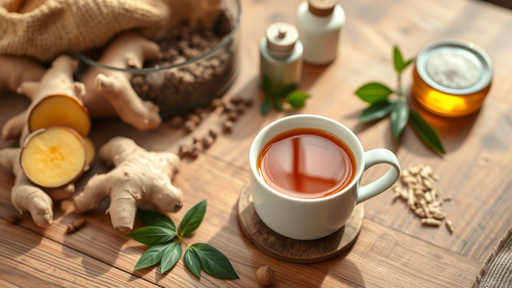 Warm cup of ashwagandha tea on wooden table with fresh ginger root, herbs, and wellness items, cozy wellness setup, natural lighting