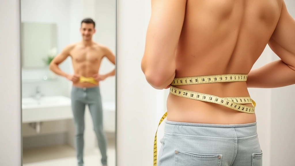 Person measuring waist with tape measure, full-length mirror reflection, confident posture, bright modern bathroom, healthy body confidence moment