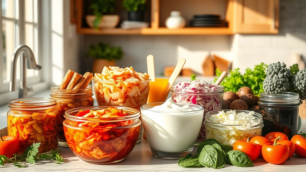 Photorealistic image of a diverse, colorful array of fermented foods including kimchi, yogurt, sauerkraut, and miso in glass bowls, arranged on a bright kitchen counter with fresh vegetables nearby, natural morning light streaming through a window, conveying gut health and nutrition