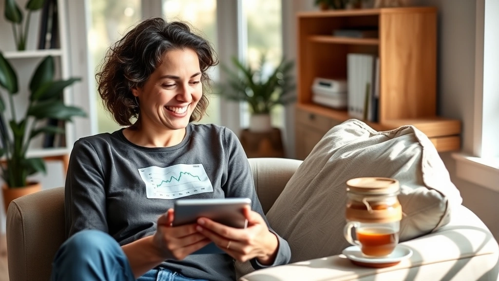 Photorealistic image of a person happily reviewing health data on a tablet while sitting in a comfortable home office, with a cup of tea and healthy snacks visible, bright natural lighting, representing health tracking and wellness monitoring without visible numbers or charts