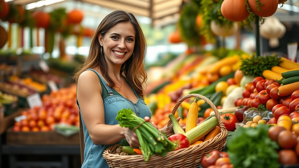 Photorealistic image of a woman at a farmers market selecting fresh vegetables and fruits, smiling while holding a basket of diverse colorful produce, natural outdoor lighting, representing healthy food choices and nutrition diversity for weight management