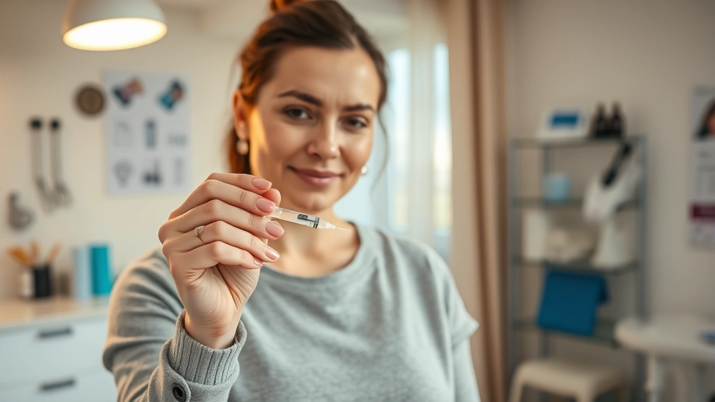 Woman holding weight loss injection pen, bright home clinic setting, warm lighting, focused expression, medical supplies nearby, wellness atmosphere