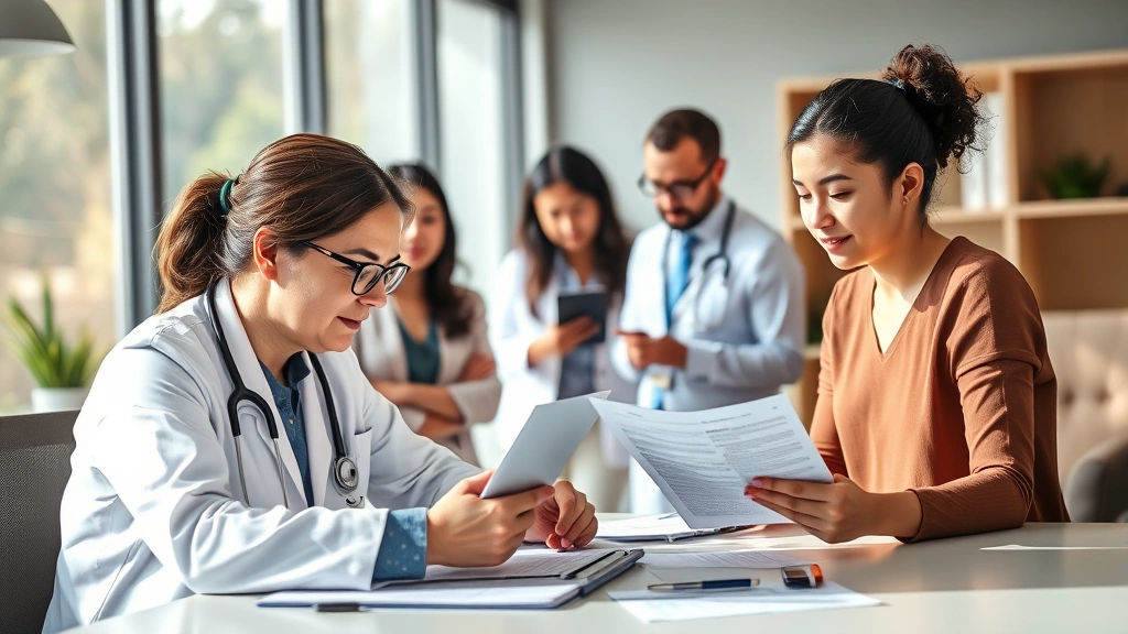 Healthcare provider and patient reviewing medical documentation at desk, diverse professionals, reviewing insurance forms, supportive consultation environment, natural daylight