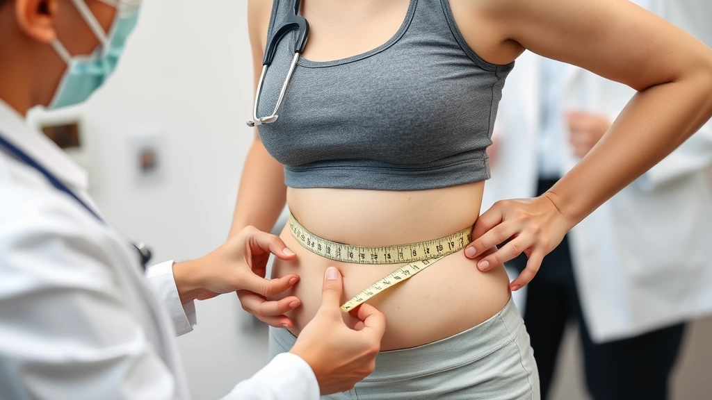 Person measuring waist circumference during medical consultation, healthcare provider present, clinical setting, measuring tape, health assessment, professional environment