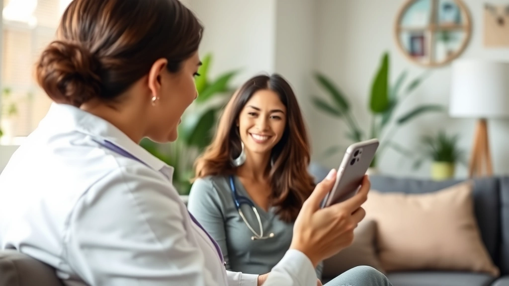 Woman sitting at home video call with healthcare provider, smiling, holding phone, professional setting, natural lighting, wellness atmosphere