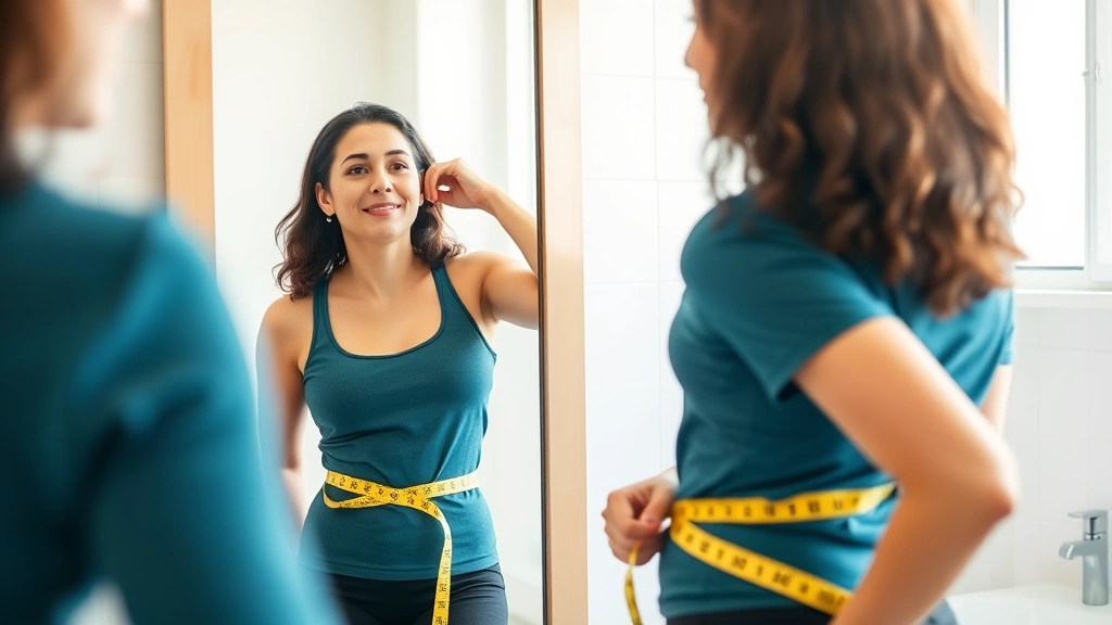 Diverse woman measuring waist with measuring tape, looking at mirror with confidence, bright bathroom, morning routine, health-focused moment
