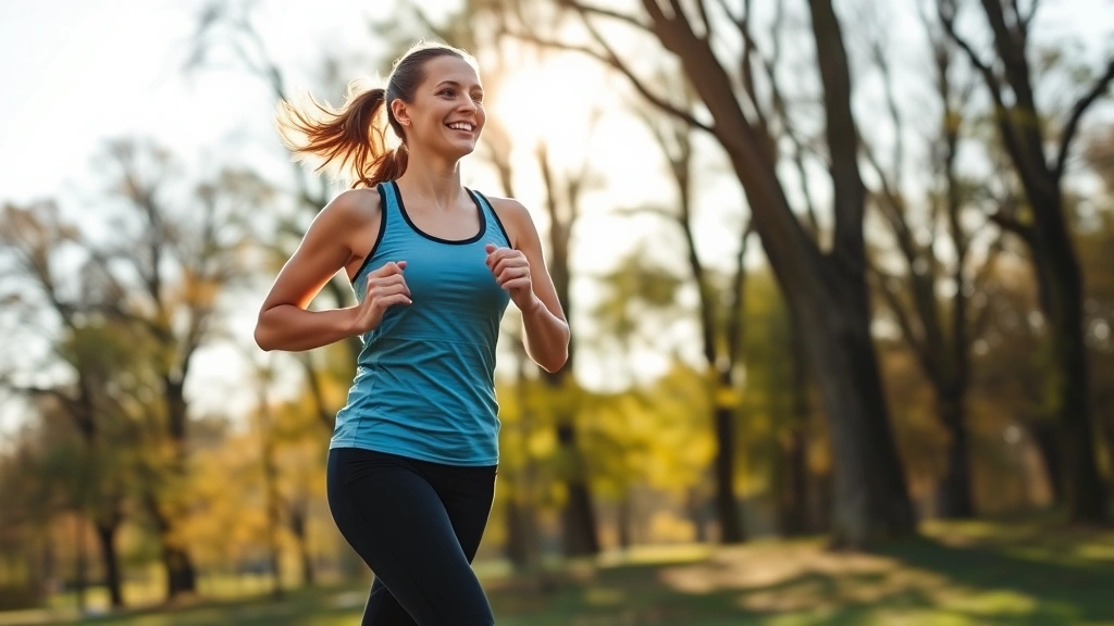 Woman jogging in park with trees, athletic wear, morning sunlight, happy expression, outdoor exercise, healthy lifestyle in motion