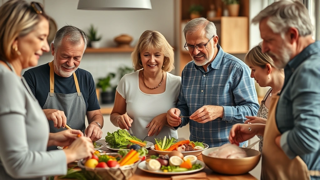 Photorealistic image of a diverse group of middle-aged adults preparing or enjoying a colorful meal with fresh vegetables and lean proteins, warm natural lighting, health-conscious kitchen or dining setting