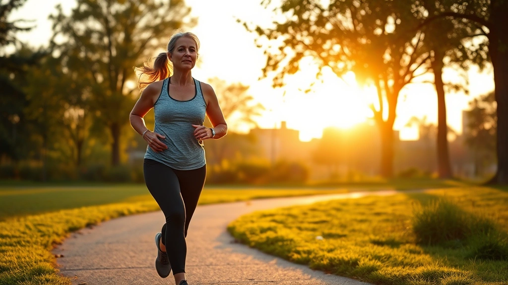 Photorealistic image of a woman in her 50s power walking or jogging outdoors in a park setting during golden hour, athletic wear, energetic but sustainable pace, natural healthy glow