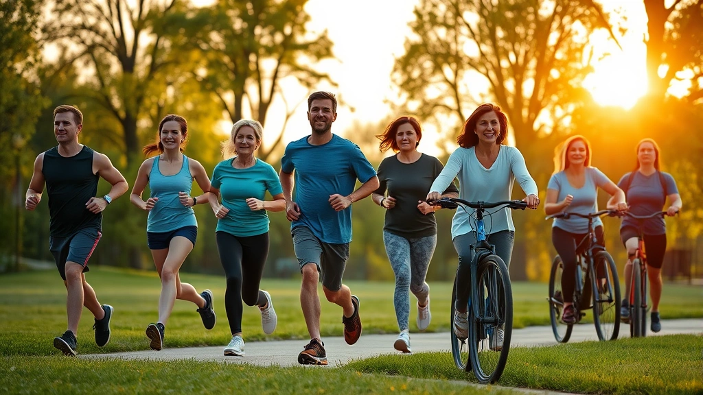 A diverse group of people of different ages and body types exercising outdoors in a park during sunrise, showing running, walking, and cycling activities with natural morning light and green trees in background, photorealistic wellness scene