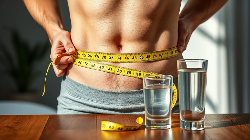 Close-up of a person's torso showing healthy weight management progress with measuring tape and a glass of water on wooden table, hands holding tape measure around waist, bright natural lighting, photorealistic healthcare imagery