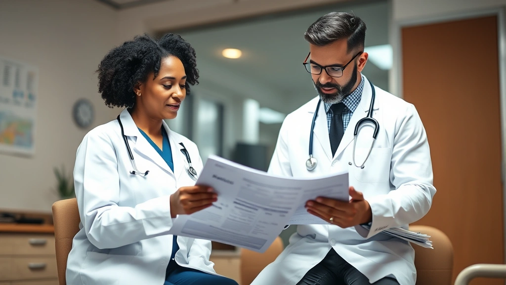 A healthcare professional in white coat reviewing medical charts with a patient in a clinical office setting, both looking at documents together, warm professional lighting, diverse representation, photorealistic doctor consultation scene