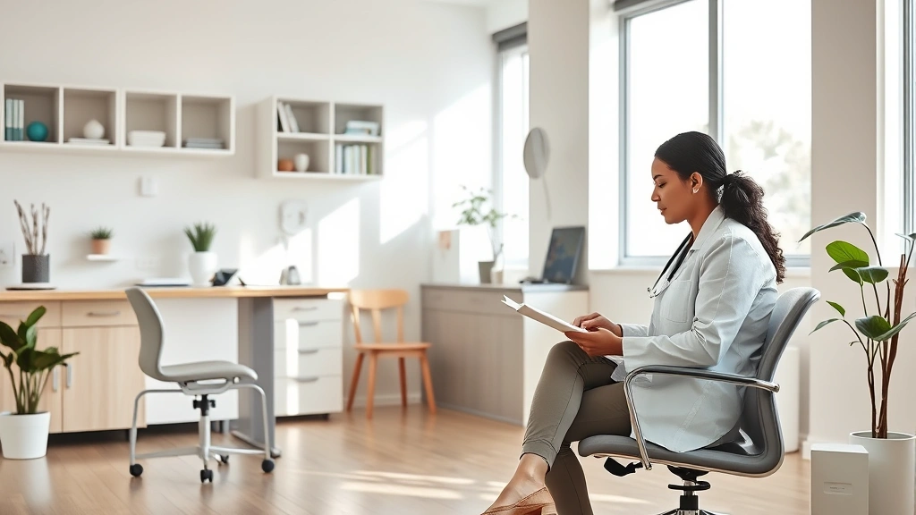 Photorealistic image of a diverse patient sitting in a modern medical office consultation room with a healthcare provider reviewing documents on a desk, bright natural lighting, professional wellness setting, no visible text or numbers