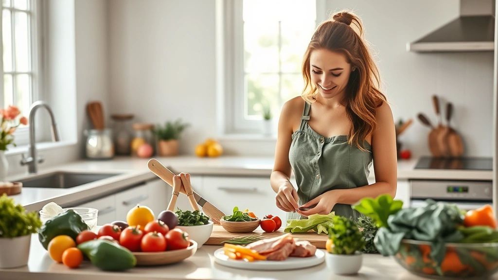 Photorealistic image of a woman preparing a healthy meal in a bright kitchen with fresh vegetables and lean proteins visible, natural sunlight streaming through windows, healthy food preparation in progress, no recipe cards or meal plans visible