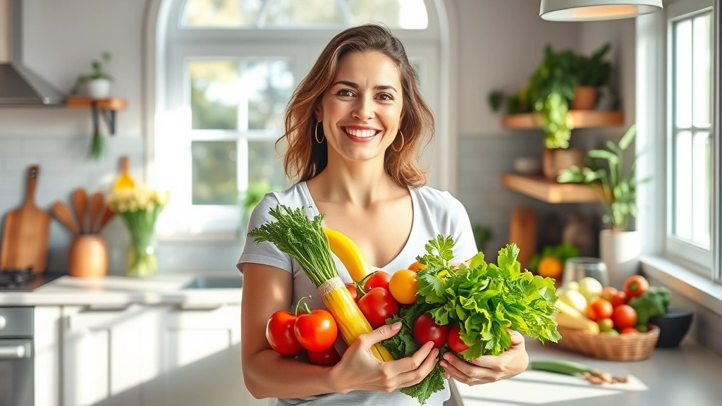 Woman in bright kitchen holding fresh vegetables and smiling, natural sunlight streaming through windows, healthy whole foods on counter, relaxed and positive expression, wellness lifestyle setting