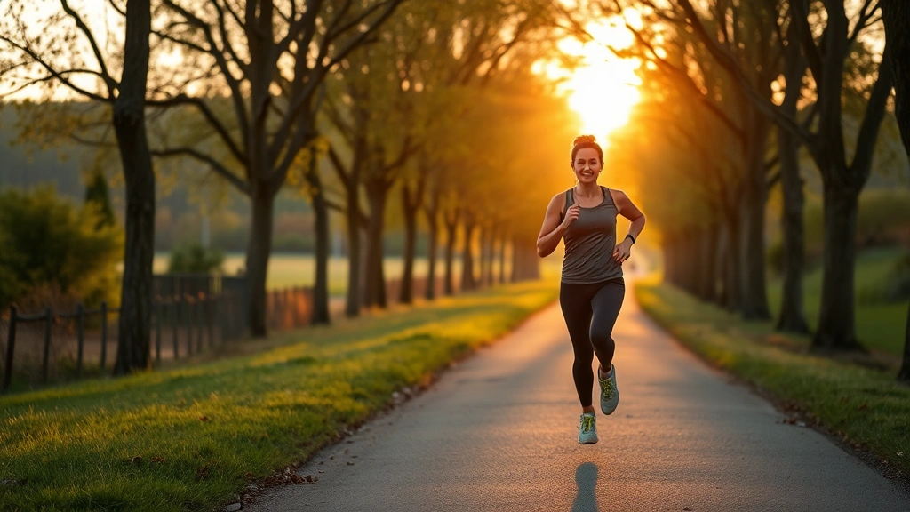 Person jogging outdoors on tree-lined path during golden hour, athletic wear, confident stride, natural landscape background, health and fitness in motion, peaceful outdoor exercise environment